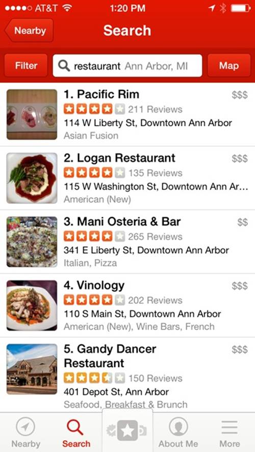 Yelp’s search-results view, showing summary contextual information about restaurants in Ann Arbor, MI