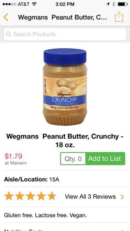 The Wegmans app shows the Aisle/Location of a specific product within your current store as well as product reviews
