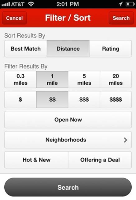 Yelp’s Filter and Sort interface is a sort of sextant for navigating local resources