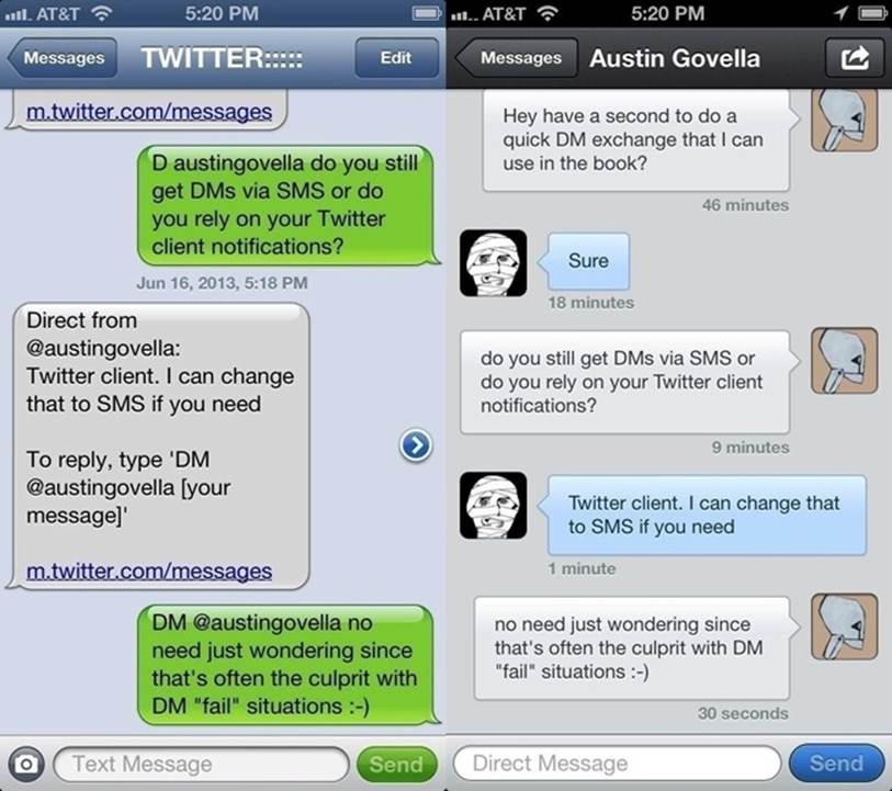 A direct-message exchange, on Twitter (via Tweetbot) and SMS