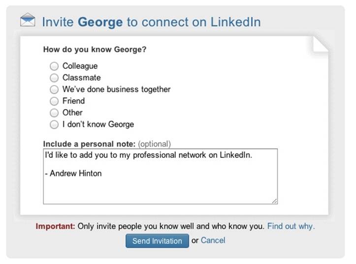 LinkedIn’s dialog box for categorizing a new contact