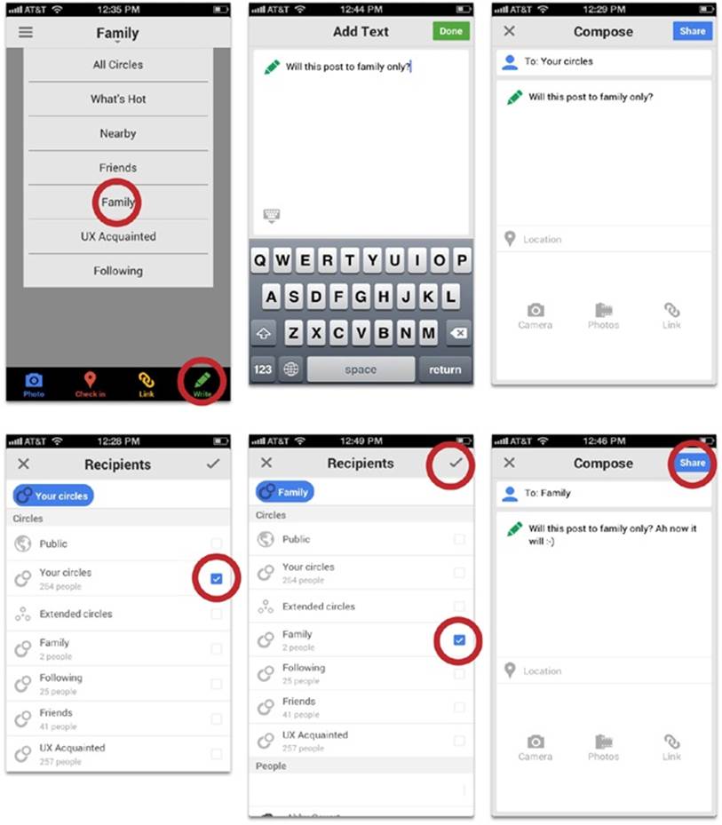The steps required on Google Plus mobile to post in the circle you’re already “in”. The test message I’m writing is “Will this post to Family only?”