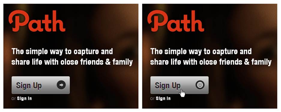 Path’s Sign Up button smiles when clicked. (Courtesy Little Big Details.)