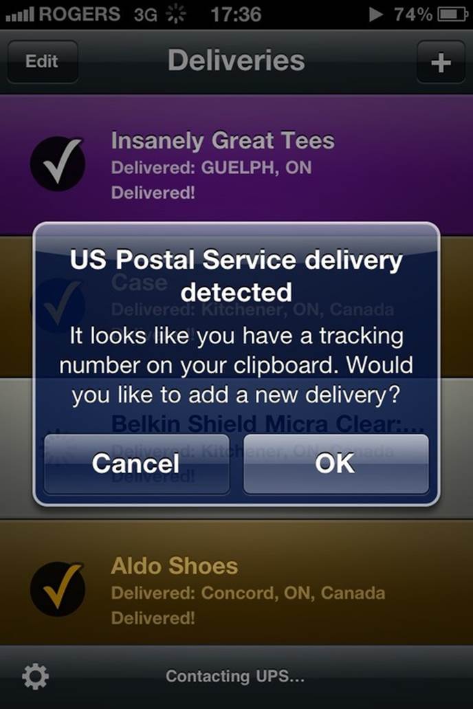 The deliveries app checks if there is a tracking number in the clipboard on launch, and if so, a system trigger launches this microinteraction. It’s also smart enough to indicate from which courier the number is from. (Courtesy Patrick Patience and Little Big Details.)