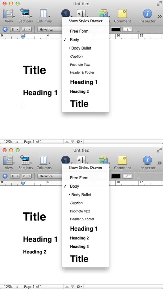 Apple’s Pages will automatically add smaller heading styles, but only after you’ve used the smallest displayed style. Heading 3 will only appear as an option once you’ve used Heading 2. (Courtesy Little Big Details.)