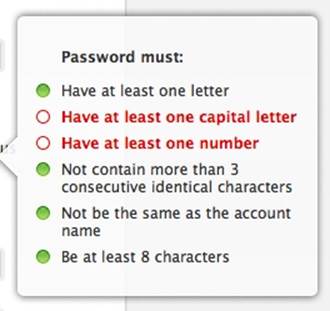 When changing your Apple ID password, must-have items are checked off as the user enters them. It reveals the constraints of the microinteraction in a very literal way. (Courtesy Stephen Lewis and Little Big Details.)