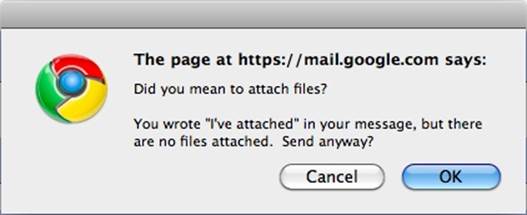 Gmail gives you a notification before sending the mail to see if you’ve forgotten to attach a file. (Courtesy Little Big Details.)