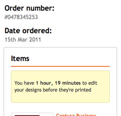 Moo starts a timing loop after an order has been placed, to show users how long they have to edit a recently placed order. (Courtesy Matt Donovan and Little Big Details.)