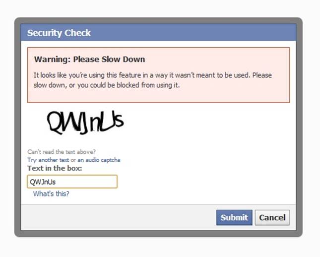 If a user clicks too many Add Friend buttons too quickly, Facebook gives the user a warning. (Courtesy Alfie Flores Nollora and Little Big Details.)