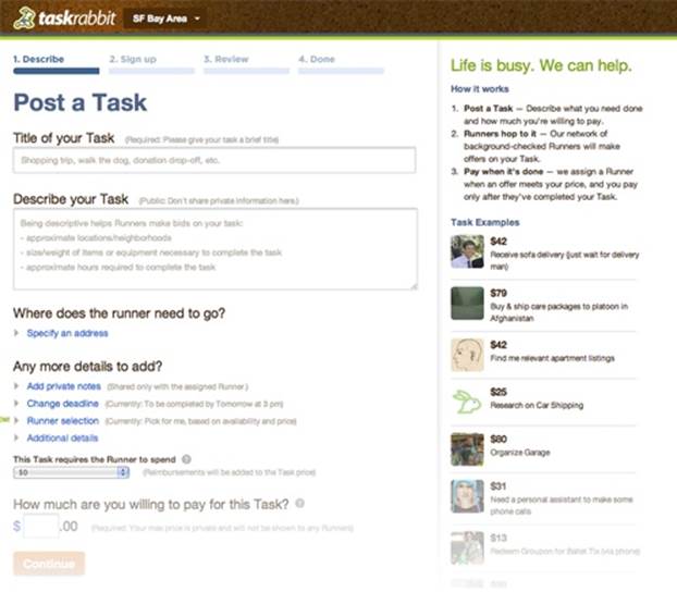 An early version of the TaskRabbit task-posting form. (Courtesy Sarah Harrison.)
