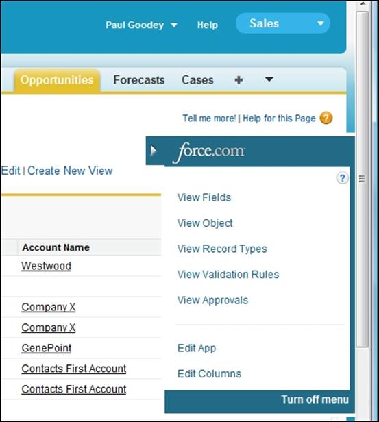 Force.com Quick Access menu
