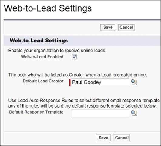 The Web-to-Lead settings