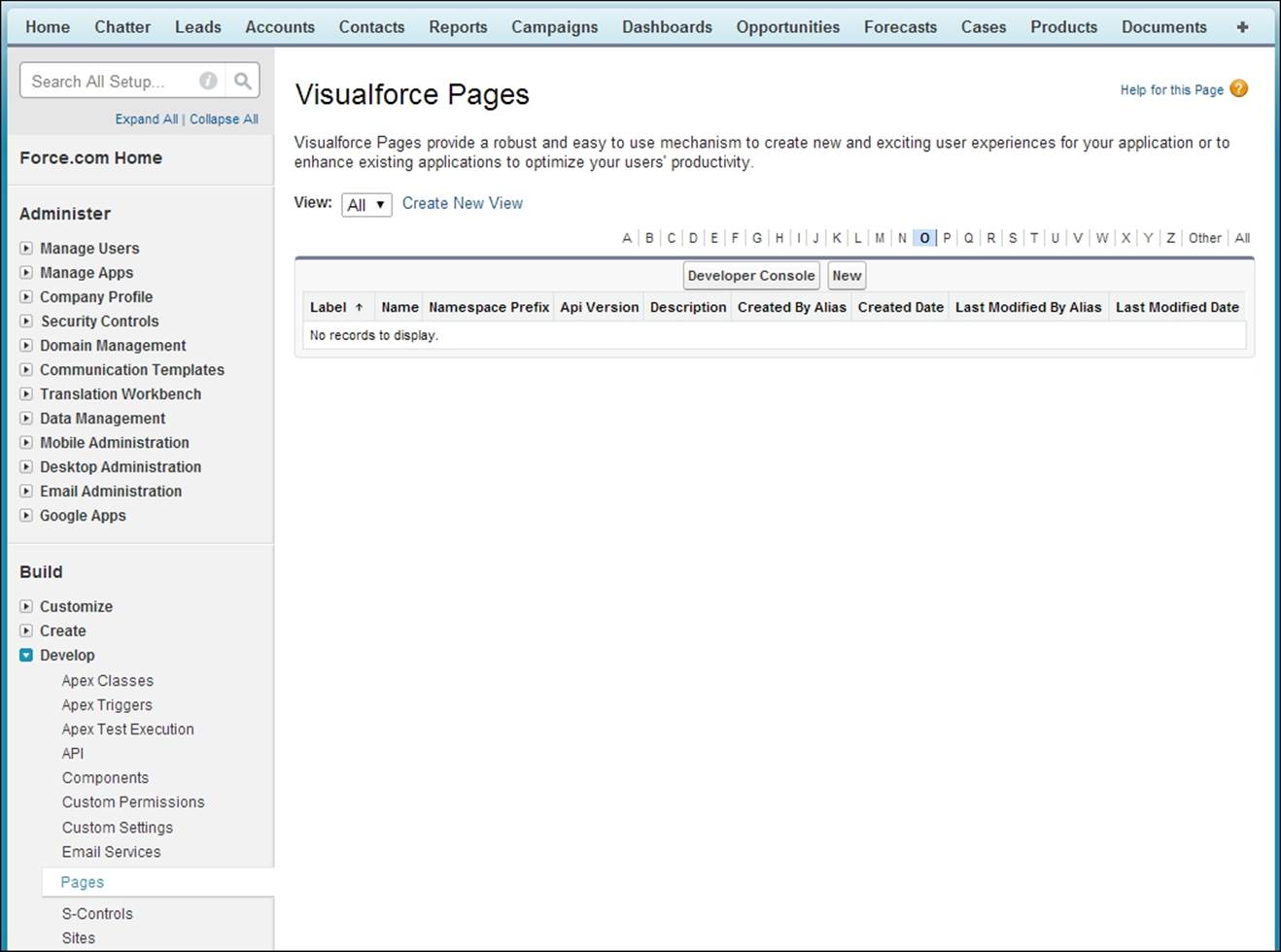 Visualforce pages setup page