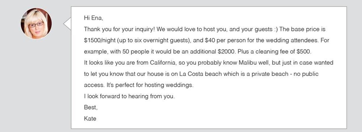 Example of a positive response from hosts on Airbnb for Ena’s inquiry about renting their home for a wedding
