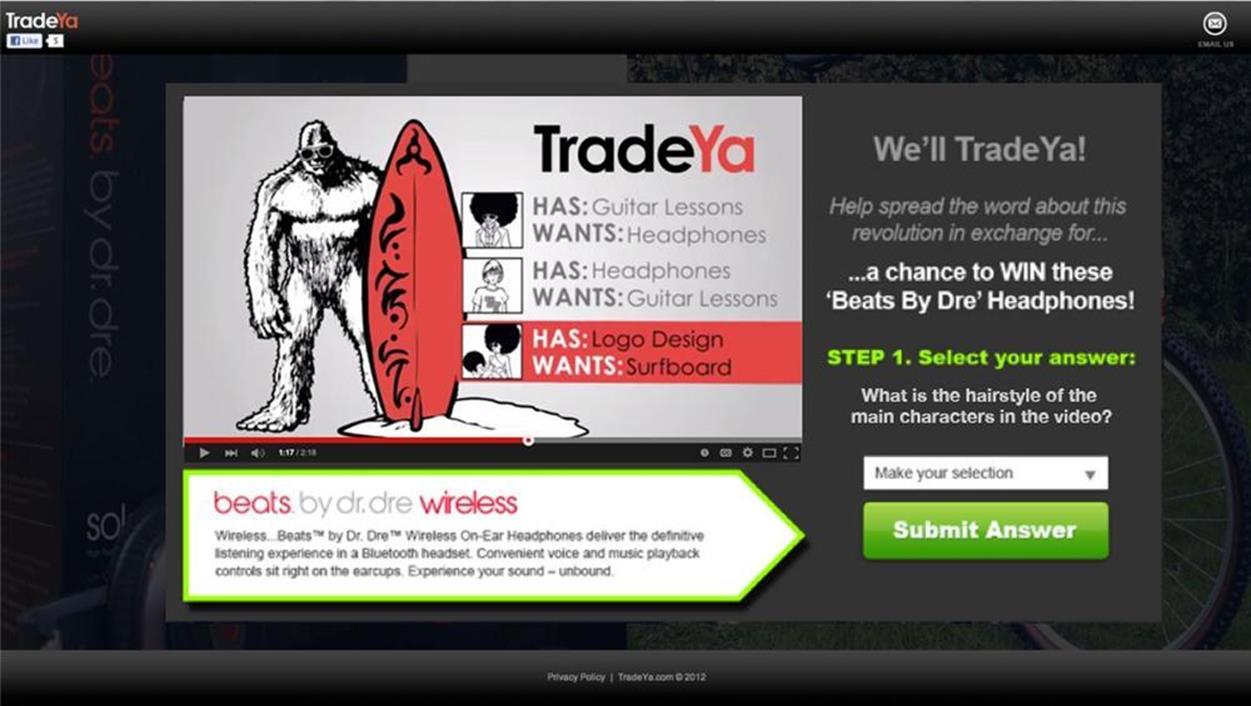 TradeYa landing page to enter giveaway contest