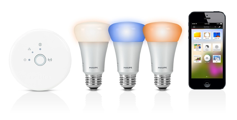 The Philips Hue system consists of connected bulbs, a gateway, an Internet service, and a smartphone app (image: Philips)