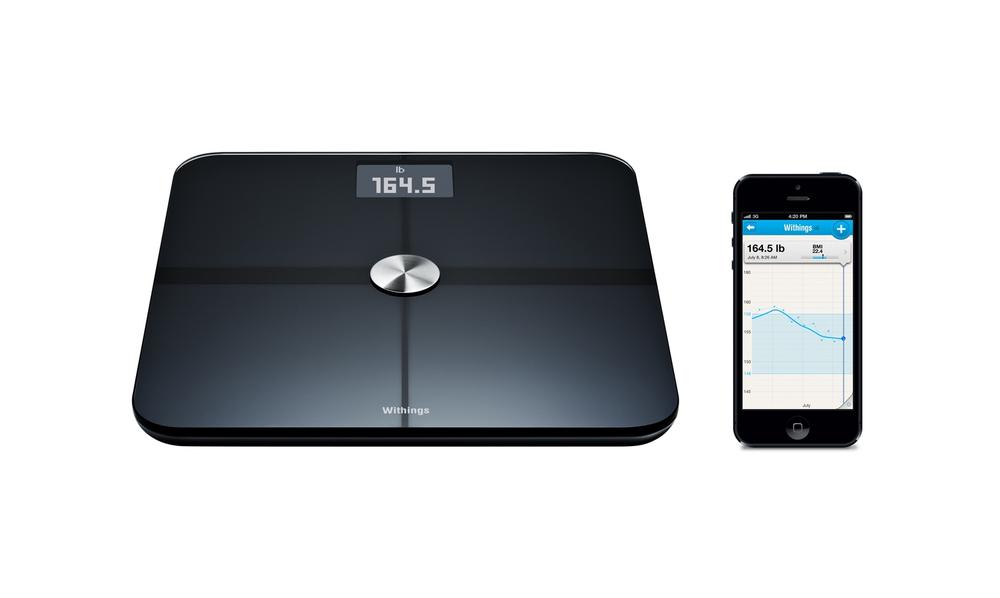 The Withings Smart Body Analyzer bathroom scales transmit weight readings over WiFi to an Internet service for users to track their weight using a smartphone app (image: Withings)