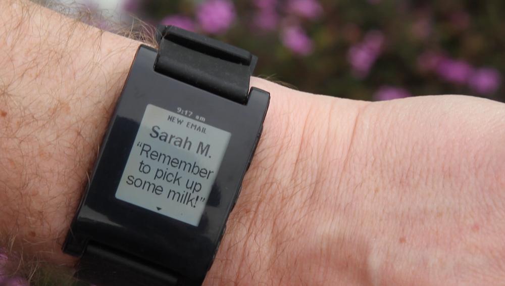 The Pebble Smartwatch connects to a smartphone to display app notifications on the wrist; it can also run apps of its own, such as displaying Evernote notes (image: Pebble)