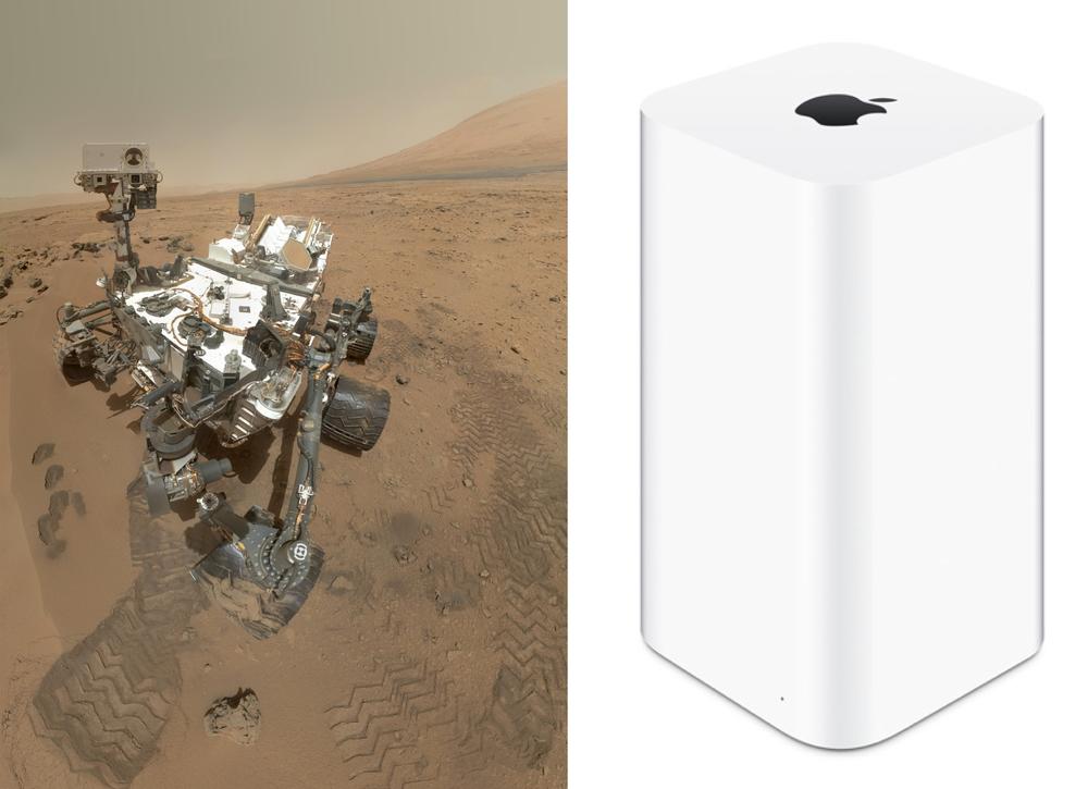 NASA’s Mars Science Laboratory Curiosity Rover uses the VxWorks real-time operating system, as does Apple’s Airport Extreme (images: NASA/JPL-Caltech/Malin Space Science Systems, Apple)