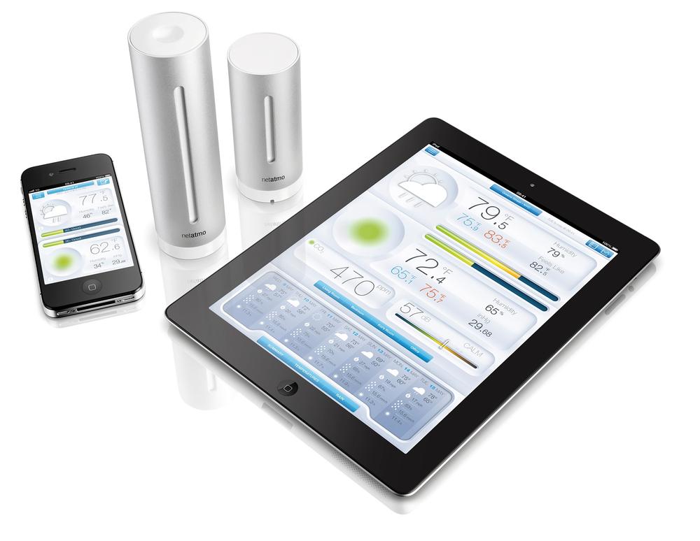 The NetAtmo Weather Station sensors measure temperature, humidity, air quality, and atmospheric pressure; there are no onboard user interaction capabilities on the sensors, but data can be viewed via smartphone or web apps (image: NetAtmo)