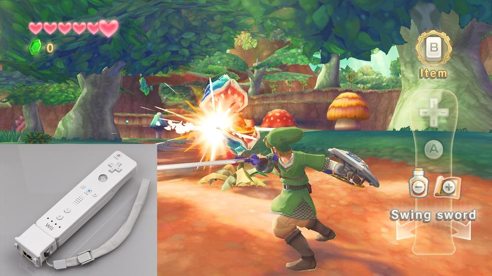 The Wii Remote uses an accelerometer to detect rotation; the WiiMotionPlus (the attachment on the bottom) adds a gyroscope for more accurate movement detection—this is used in many sports games and for more “realistic” sword fighting in “The Legend of Zelda: Skyward Sword” (images: Nintendo and Evan Amos)