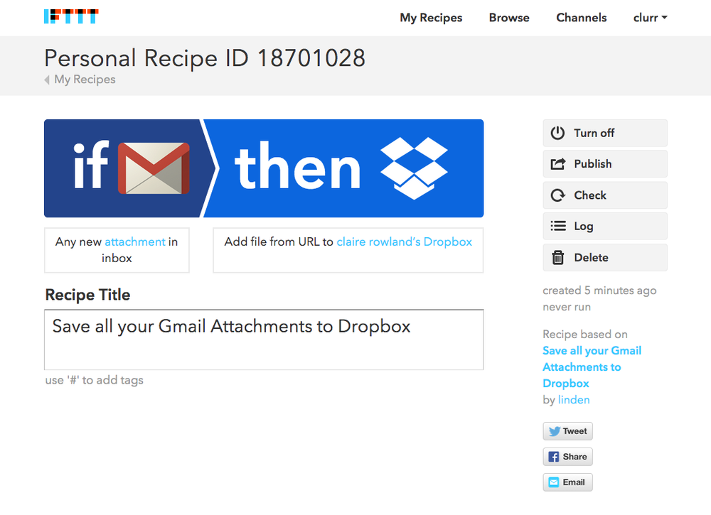 An If This Then That recipe for saving Gmail attachments to Dropbox