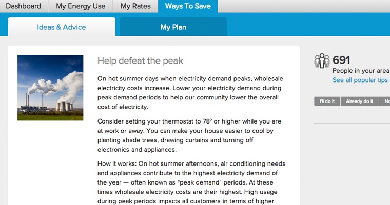 Example of solution generated from “Always lead to action” Opower design principle: a web page with steps to save energy at peak use times (image: Opower)