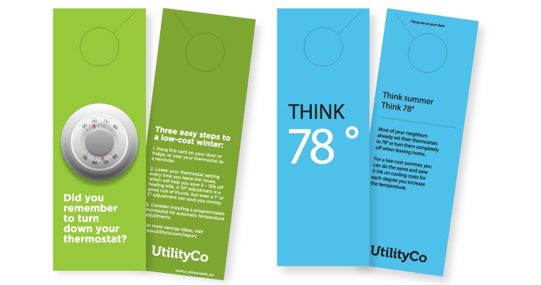Example of solution generated from “Always lead to action” Opower design principle: a paper door tag to help people remember to actively manage thermostat settings (image: Opower)