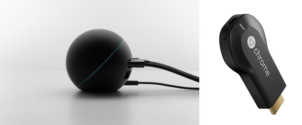 Google’s connected television products, Nexus Q and Chromecast (images: Google)