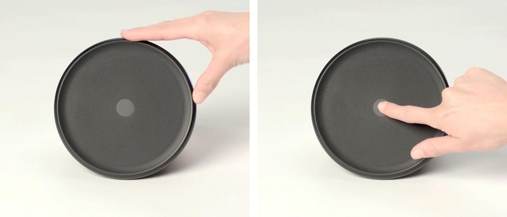 Some of Aether Cone’s less obvious controls: rotating the speaker grille and pushing in the center of the speaker (images: Aether)