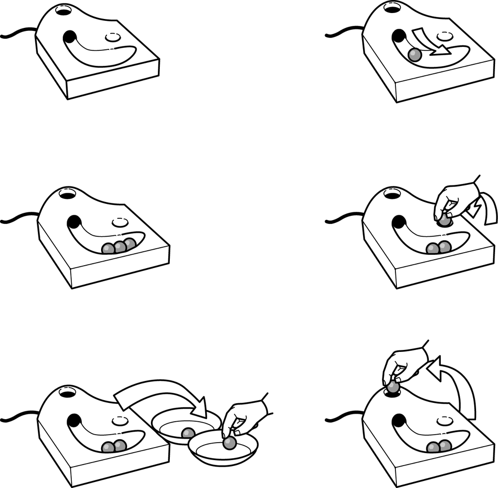 Illustration of the marble answering machine. Top right: New message; Middle left: Three messages; Middle right: Play message; Bottom left: Leave message for flat mate; Bottom right: Delete message (image: Durrell Bishop/Durrellbishop.com).