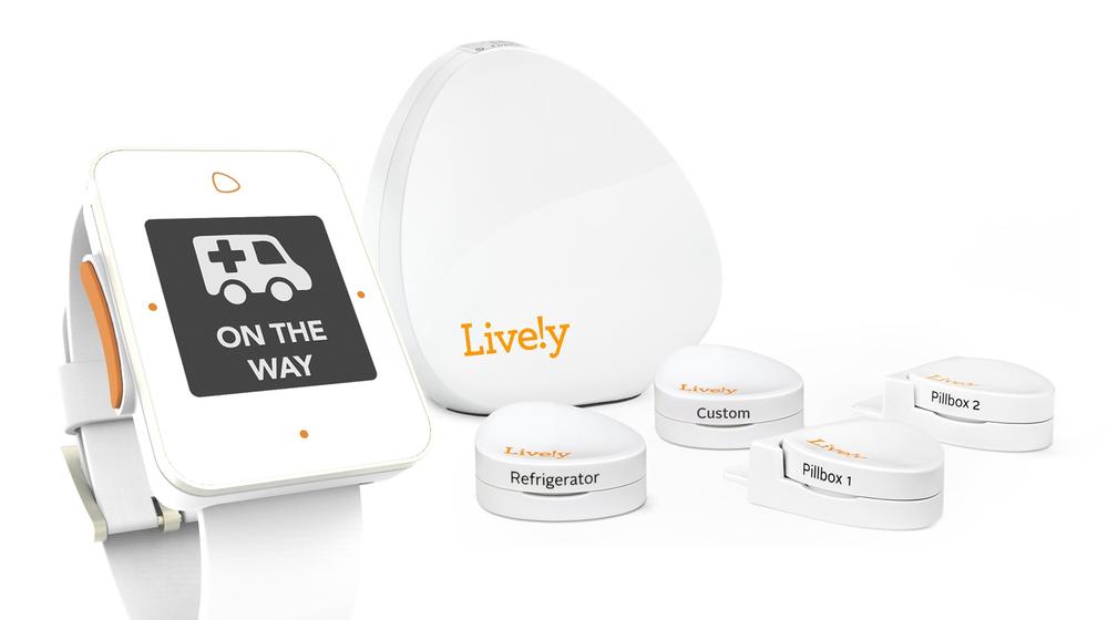 Lively elderly care system: safety watch for summoning help, with pedometer and medication reminders, hub, sensors for fridge and pillboxes, and a custom sensor containing an accelerometer to detect movement (image: Lively)