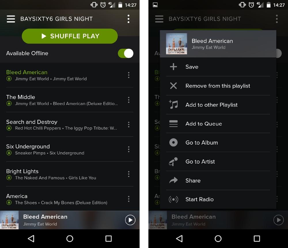The Spotify Android app offers a contextual menu for each track