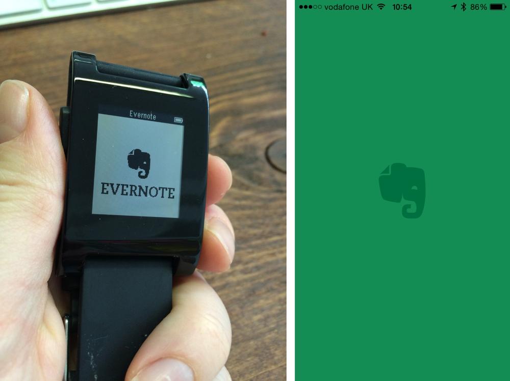 An Evernote icon shown on a smartphone screen and Pebble watch