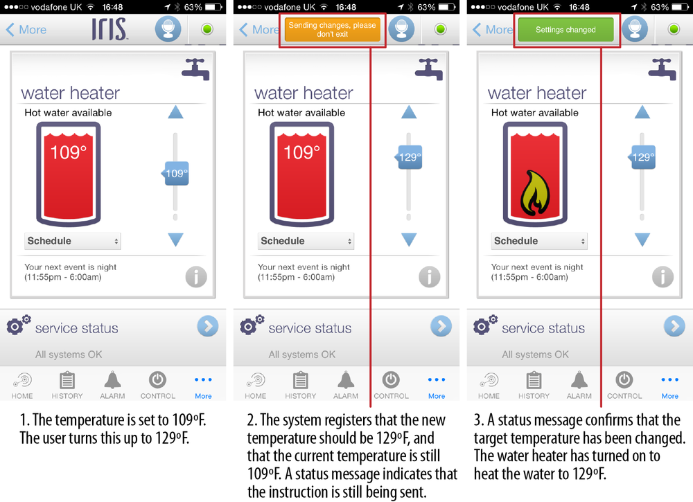 The Lowes Iris water heater UI, showing the status message