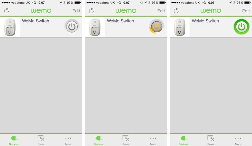 The WeMo Switch, showing off, intermediate, and on states