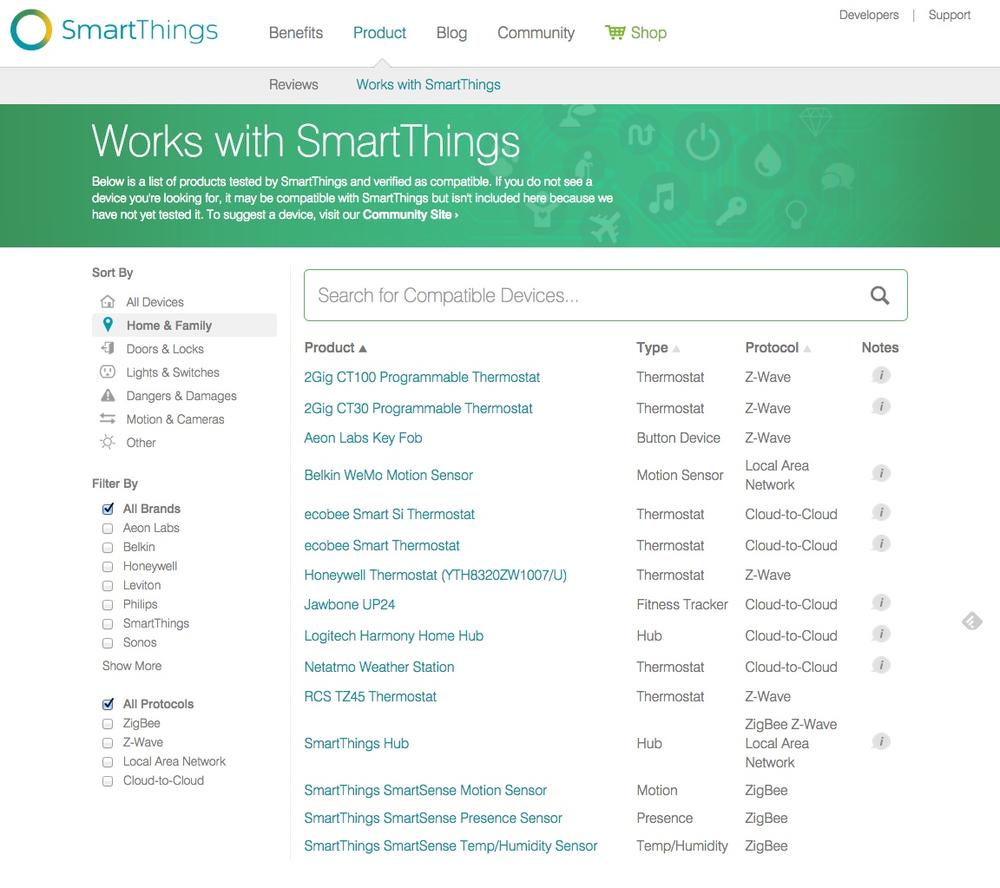 The SmartThings website lists compatible devices (shown here: the home and family category; image: SmartThings)