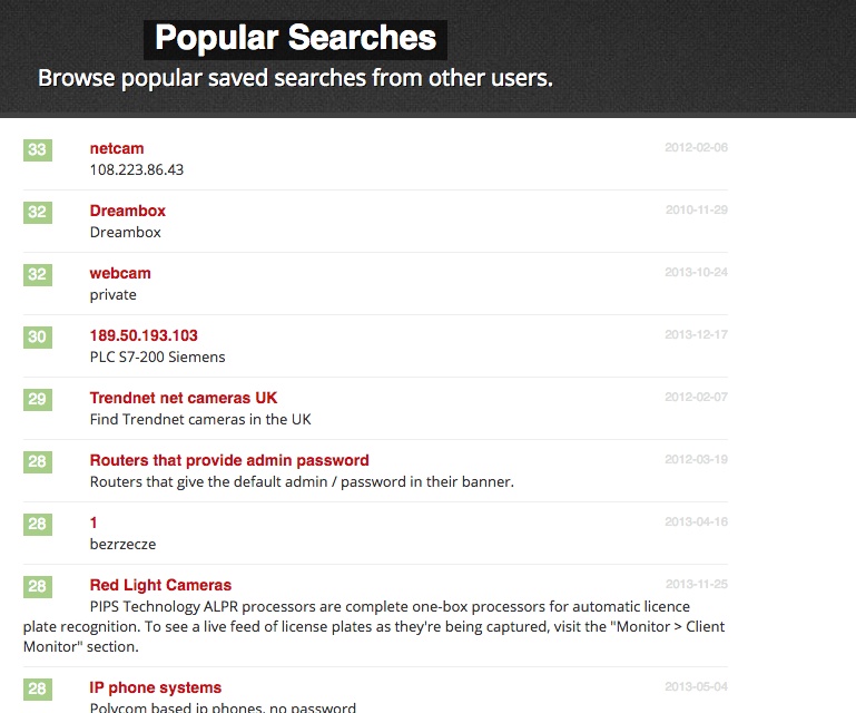 Popular Shodan searches include red light cameras with unencrypted feeds (image: shodan.io)