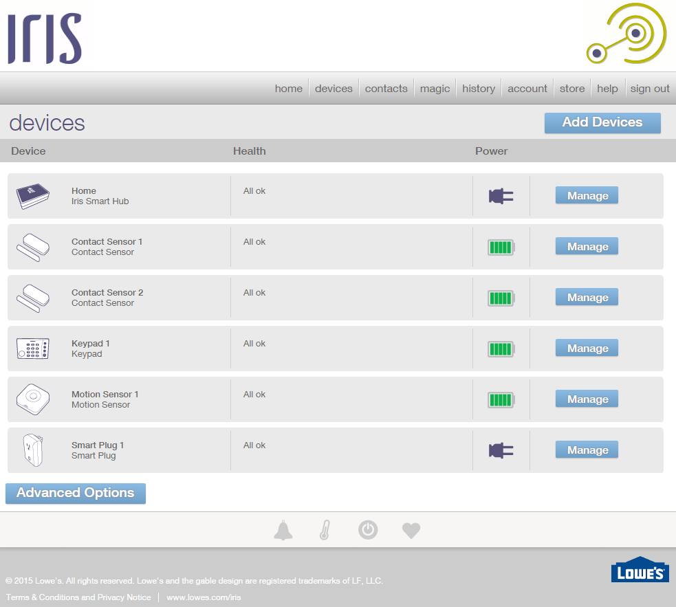 The web UI device list from Lowes Iris