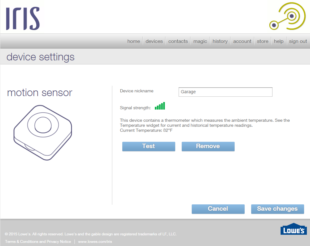 A device screen from the Lowes Iris web UI
