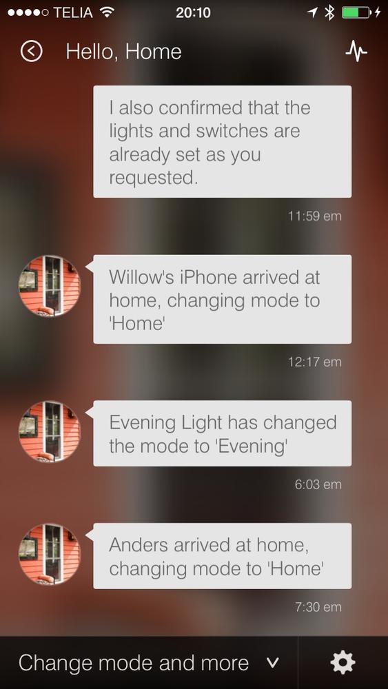 The SmartThings app shows who has arrived home and when (based on the presence of their smartphone)
