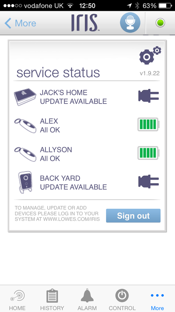The Lowes Iris Service Status screen shows that firmware updates are available for the gateway and security camera (image: Lowes)
