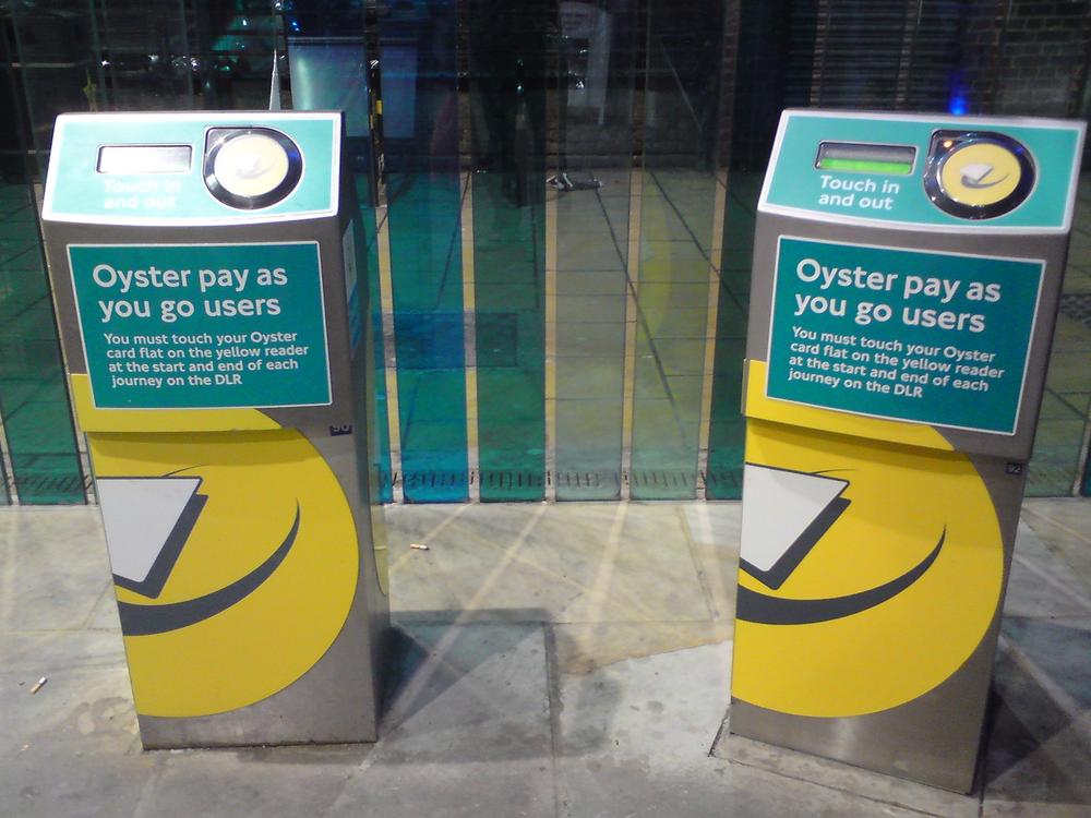 Oyster travelcard readers are clearly signposted in London rail and tube stations; Oyster created the vocabulary of “touch in/touch out,” which has become standard London vernacular