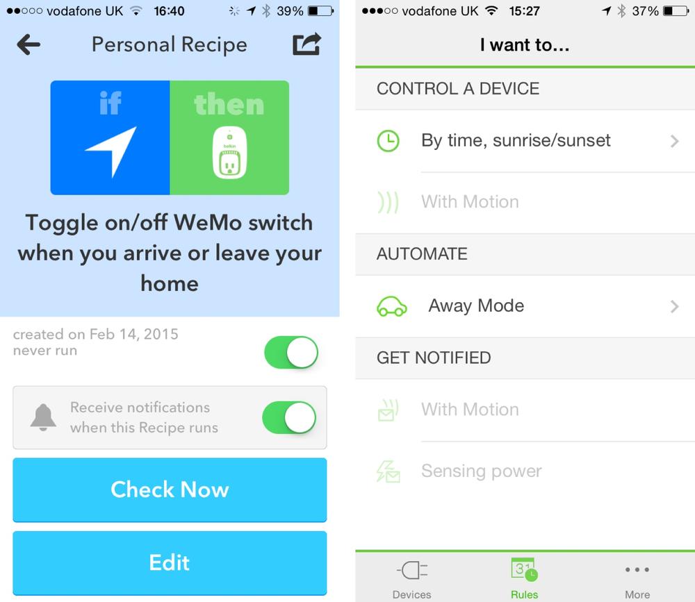 Smartphone UIs that allows users to automate behaviors (left: IFTTT, right: Belkin WeMo Switch)