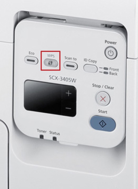 The Samsung SCX-3405W laser printer has a WPS button, circled here (image via Samsung.com)