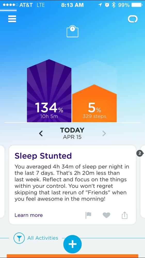 The Jawbone app showing evidence of poor sleep; this might be due to late night TV...or a sick child