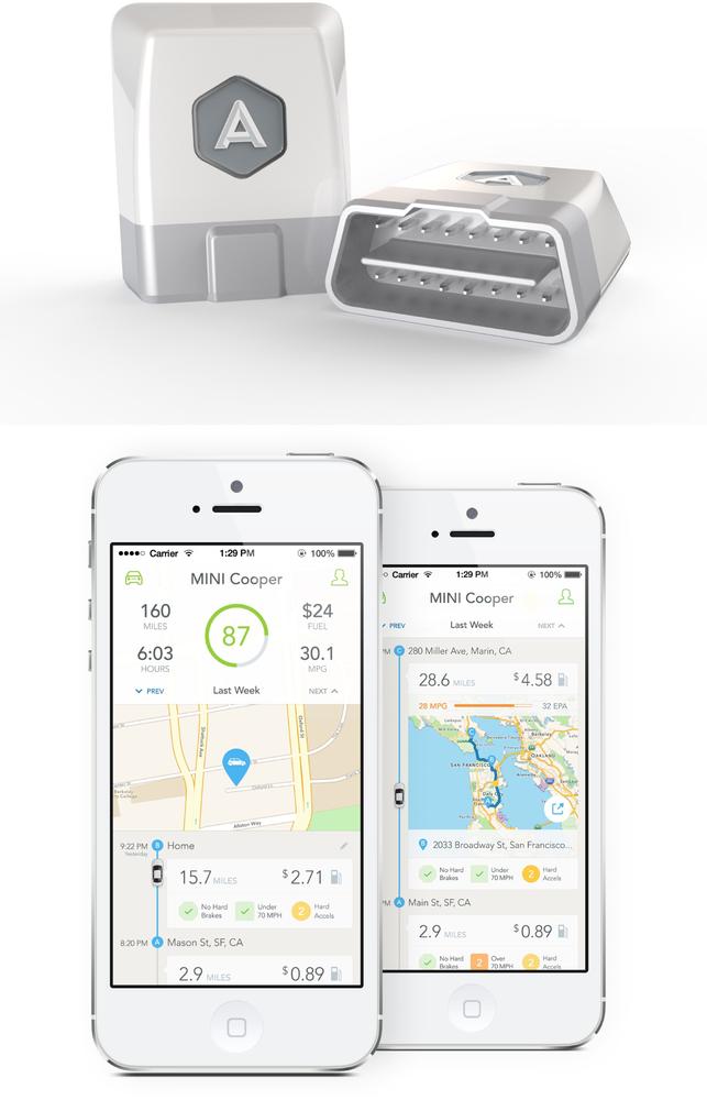 Automatic seeks to help drivers learn fuel-saving driving habits. The Link device (left) relays data from the car’s onboard sensors to the user’s smartphone. By analyzing the data, Automatic visualizes the correlation between driving behavior and fuel consumption and gives the user a ‘drive score’ every day. Users can compare their scores with other users and are encouraged to minimize harsh acceleration, braking and control their speed for better fuel consumption (images: Automatic.com).