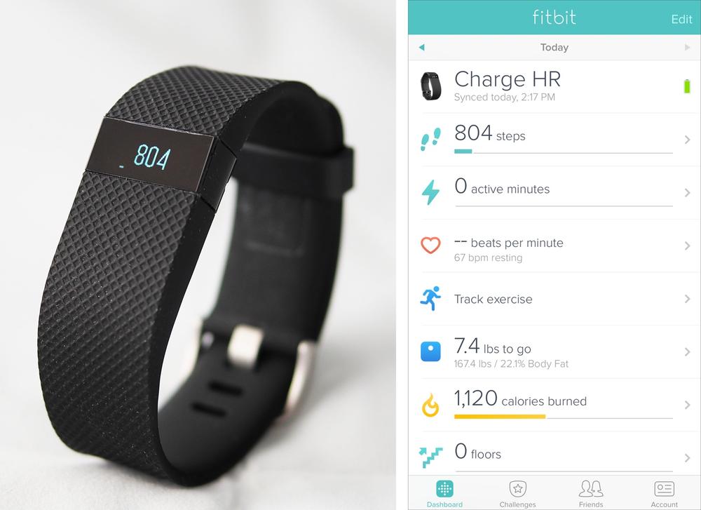 Fitbit band showing simple step count, with fuller information in the mobile app (images: Fitbit.com)