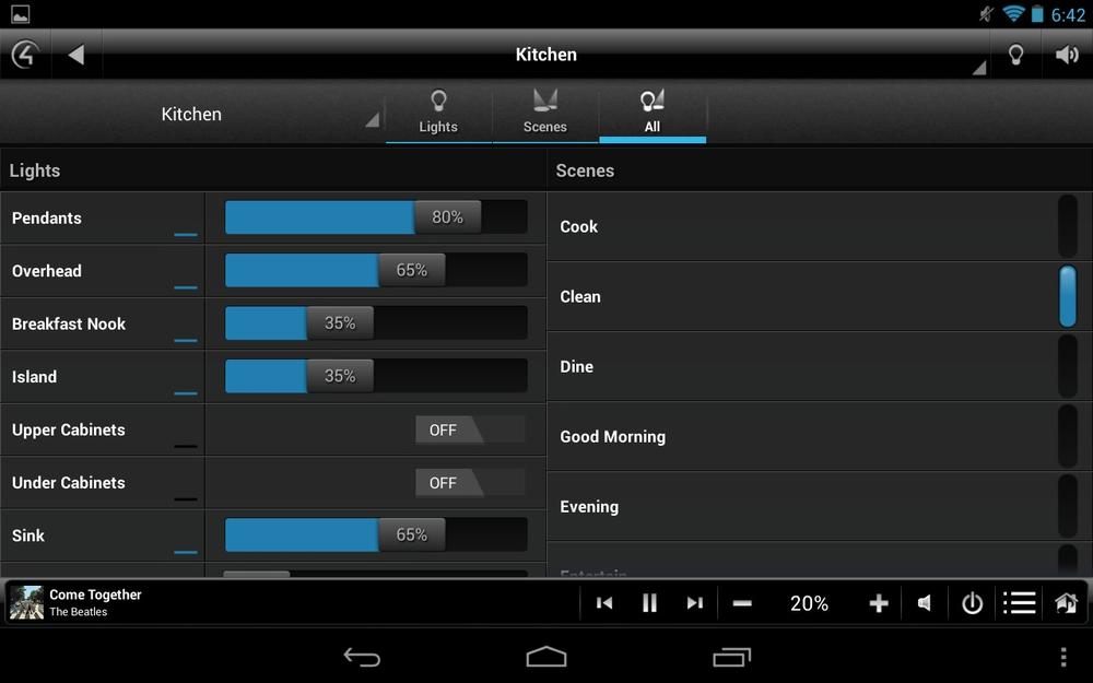 Control4’s MyHome Android tablet app, showing lighting scenes for a kitchen (image: Control4)