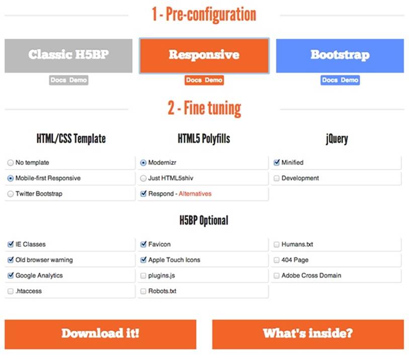 Some frameworks give you custom build options before you implement them on your site, like in this HTML5 Boilerplate customization tool from Initializr (). Take advantage of these optimizations to reduce markup, styles, and script overhead.